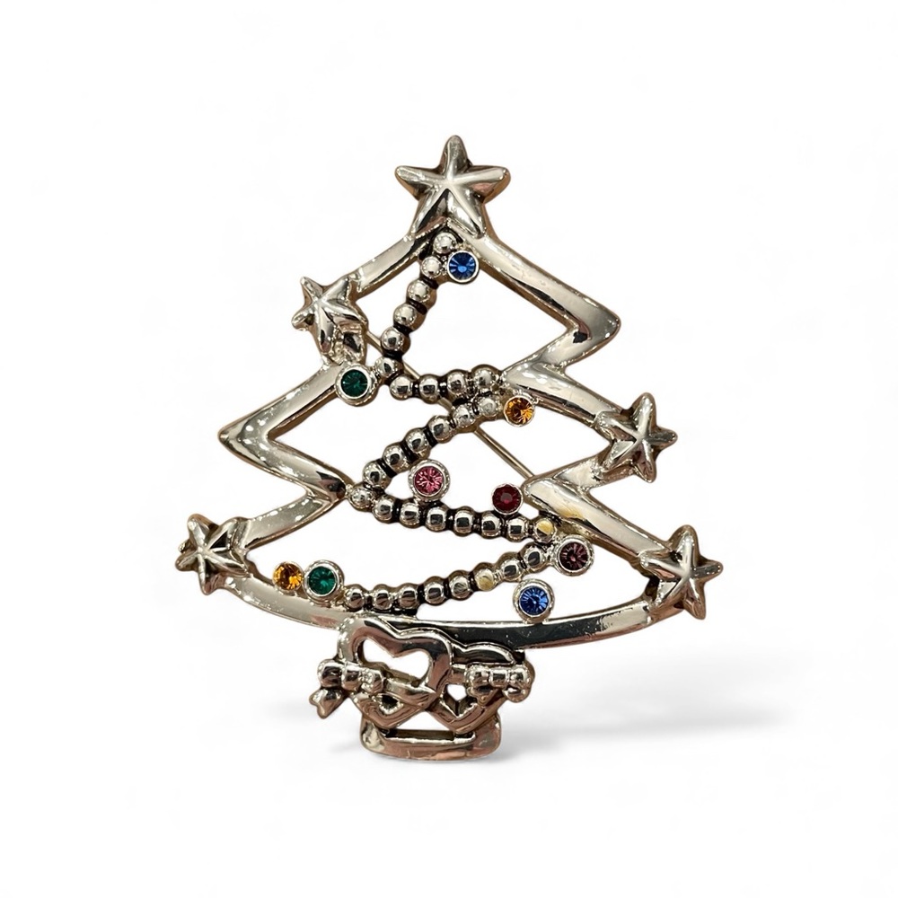 Signed BEST Christmas Tree Silver Tone Vintage Brooch‎ Pin Crystal Decorated